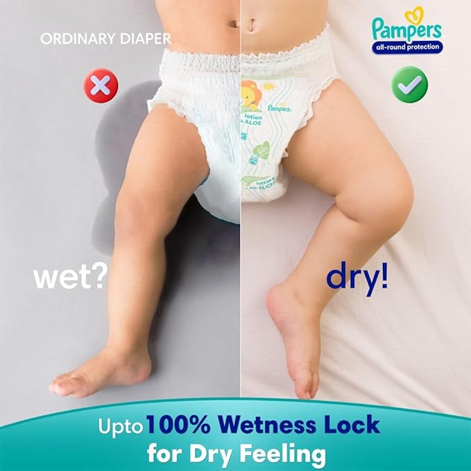 Pampers All round Protection Pants Style Baby Diapers, Large (L) Size, 64 Count, Anti Rash Blanket, Lotion with Aloe Vera, 9-14kg Diapers