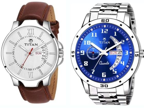 PU Leather Analog Watch & New Titan Stainless Steel Analog Watch Combo