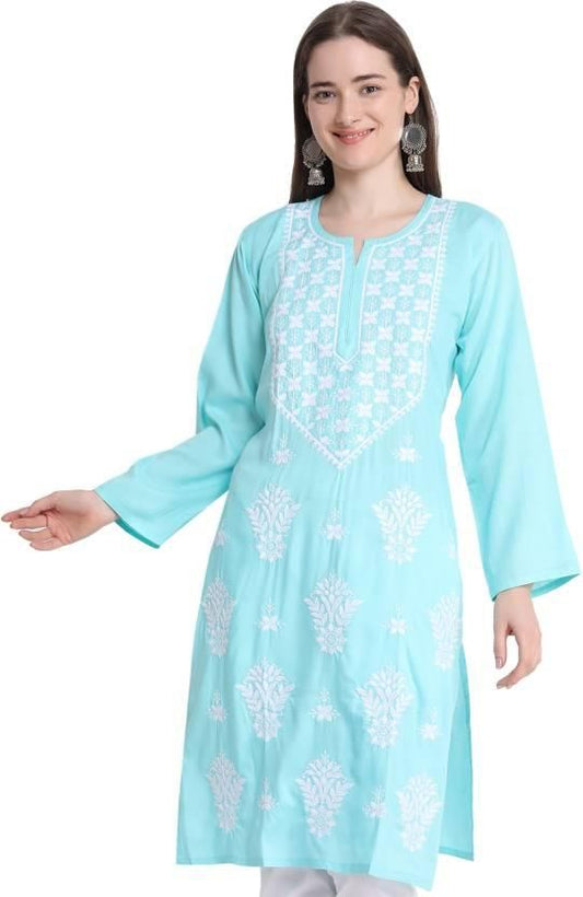 Women Chikan Embroidery Cotton Straight Kurti