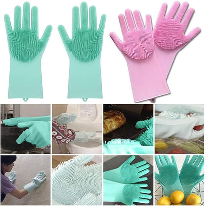 HUSB® Gloves Magic Silicone Dish Washing Gloves, Silicon Cleaning Gloves, Silicon Hand Gloves for Kitchen Dishwashing and Pet Grooming, Great for Washing Dish, Car, Bathroom (Multicolour, 1 Pair)