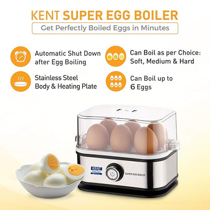 KENT 16069 Super Egg Boiler 400W | Boils upto 6 Eggs At a Time | 3 Boiling Modes | Stainless Steel Body and Heating Plate | Automatic Turn-Off