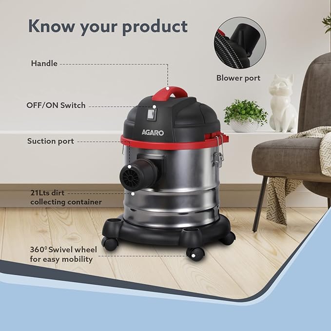 AGARO Ace Wet & Dry Vacuum Cleaner | 1600 Watts,21.5 Kpa Suction Power,21 litres Tank Capacity,for Home Use,Blower Function,Washable 3L Dust Bag,Stainless Steel Body(Black/Red/Steel) 21 Liter,HEPA