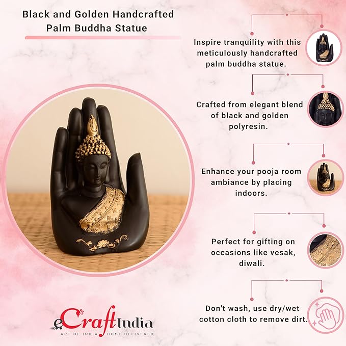 eCraftIndia Golden Handcrafted Palm Buddha Polyresin Showpiece (12.5 cm x 7.5 cm x 17.5 cm, Black)