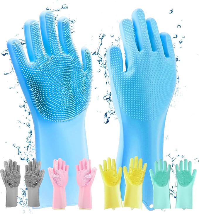 HUSB® Gloves Magic Silicone Dish Washing Gloves, Silicon Cleaning Gloves, Silicon Hand Gloves for Kitchen Dishwashing and Pet Grooming, Great for Washing Dish, Car, Bathroom (Multicolour, 1 Pair)