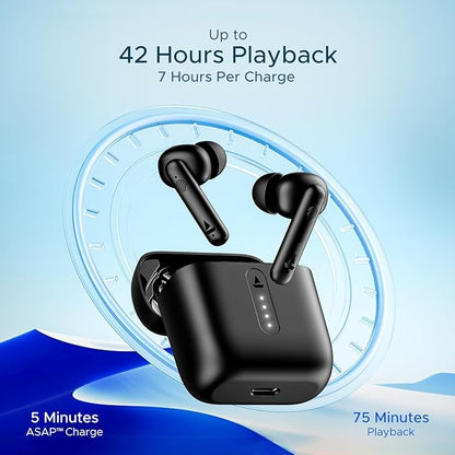 boAt Airdopes 141 Bluetooth TWS Earbuds with 42H Playtime,Low Latency Mode for Gaming, ENx Tech, IWP, IPX4 Water Resistance, Smooth Touch Controls(Bold Black)