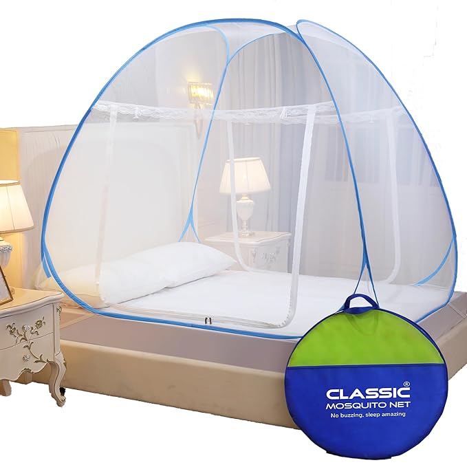 Classic Mosquito Net for Double Bed | King Size Foldable Machardani | Polyester 30GSM Strong Net | PVC Coated Corrosion Resistant Steel Wire - Blue