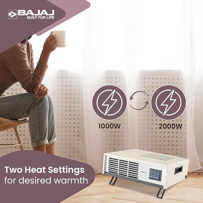 Bajaj Blow Hot Portable Room Heater For Bedroom |2 Heat Settings-1000W/2000W|Ideal Room Heater For Winter|Easy Mobility|Compact Design|Auto-Thermal Cut-Off|2-Yr Warranty By Bajaj| White Color