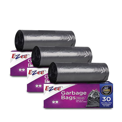 Ezee Black Garbage Bags Medium 90 Pcs | 30 Pcs x Pack of 3 Rolls | 19 x 21 Inch | Dustbin Bags/Trash Bags/Dustbin Covers for Wet and Dry Waste
