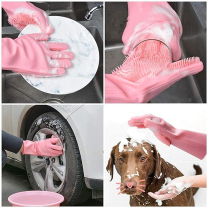 HUSB® Gloves Magic Silicone Dish Washing Gloves, Silicon Cleaning Gloves, Silicon Hand Gloves for Kitchen Dishwashing and Pet Grooming, Great for Washing Dish, Car, Bathroom (Multicolour, 1 Pair)