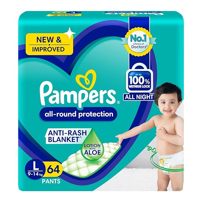 Pampers All round Protection Pants Style Baby Diapers, Large (L) Size, 64 Count, Anti Rash Blanket, Lotion with Aloe Vera, 9-14kg Diapers