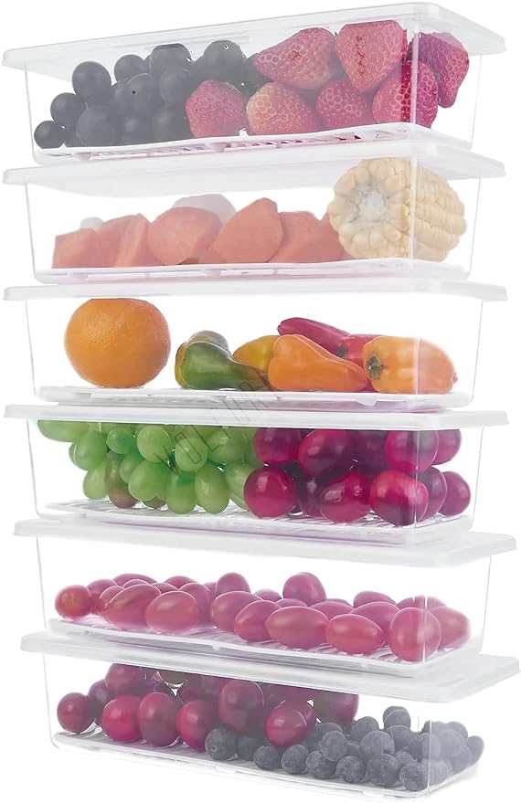 VOLTURI Fridge Storage Boxes (Pack of 6), Fridge Organizer with Removable Drain Plate Fridge Storage Containers Keeps Fruits, Vegetables, Meat, Fish Fresh Longer 1500 ML Container Box