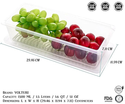 VOLTURI Fridge Storage Boxes (Pack of 6), Fridge Organizer with Removable Drain Plate Fridge Storage Containers Keeps Fruits, Vegetables, Meat, Fish Fresh Longer 1500 ML Container Box