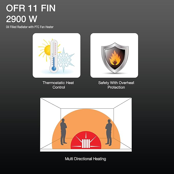 Havells OFR 11 Fin OFR 2900 Watt with 3 Heat Setting DUO Tech PTC & OFR (Black)