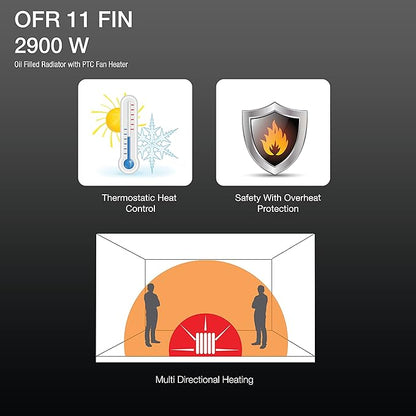 Havells OFR 11 Fin OFR 2900 Watt with 3 Heat Setting DUO Tech PTC & OFR (Black)