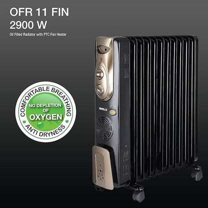 Havells OFR 11 Fin OFR 2900 Watt with 3 Heat Setting DUO Tech PTC & OFR (Black)