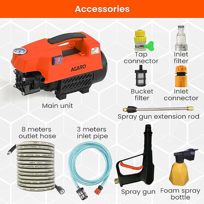 AGARO Supreme High Pressure Washer, 1800 Watts, 120 Bars, 6.5L/Min Flow Rate, 8 Meters Outlet Hose, Portable, for Car,Bike and Home Cleaning Purpose, Black and Orange