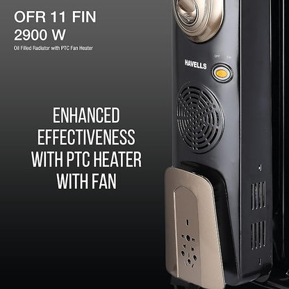 Havells OFR 11 Fin OFR 2900 Watt with 3 Heat Setting DUO Tech PTC & OFR (Black)