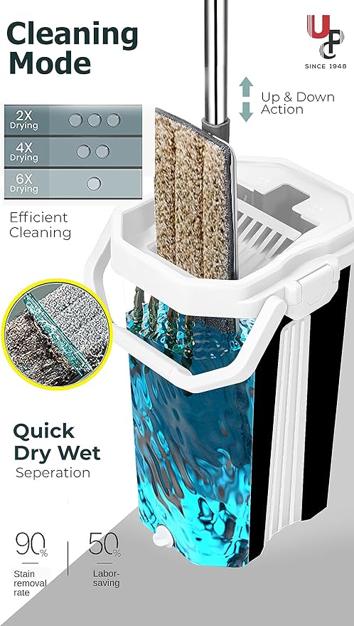 UPC Microfiber Flat Mop with Bucket 360° Flexible Spin Head for Floor Cleaning, Flat Mop Pocha Stick with Super Absorbat Microfiber Pad, Hands Free Squeez, Extanded Steel Handle, Easy to Cleay Every Corner (Flat Mop Black)