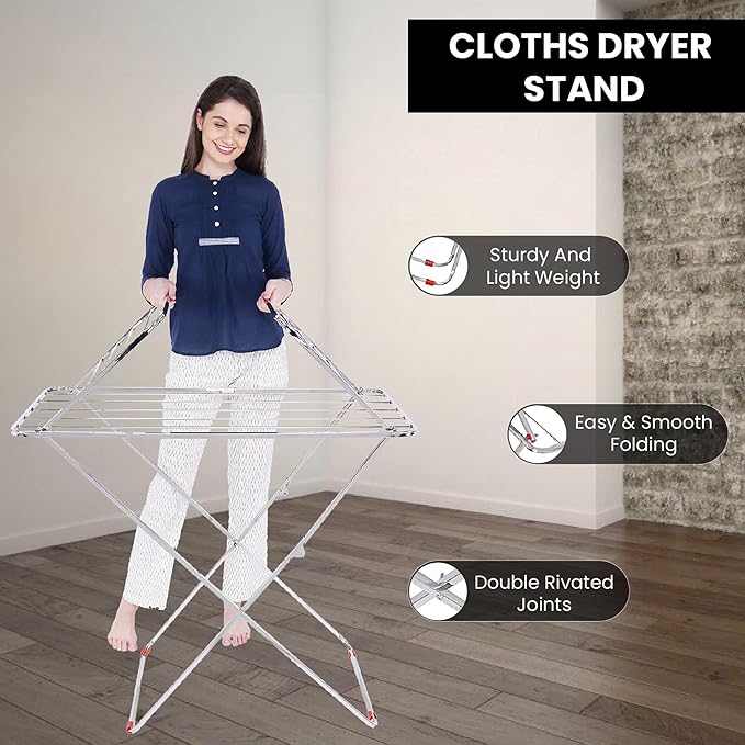LiMETRO STEEL Stainless Steel Foldable Cloth Dryer Stand Double Rack Cloth Stands for Drying Clothes Steel (Cross)