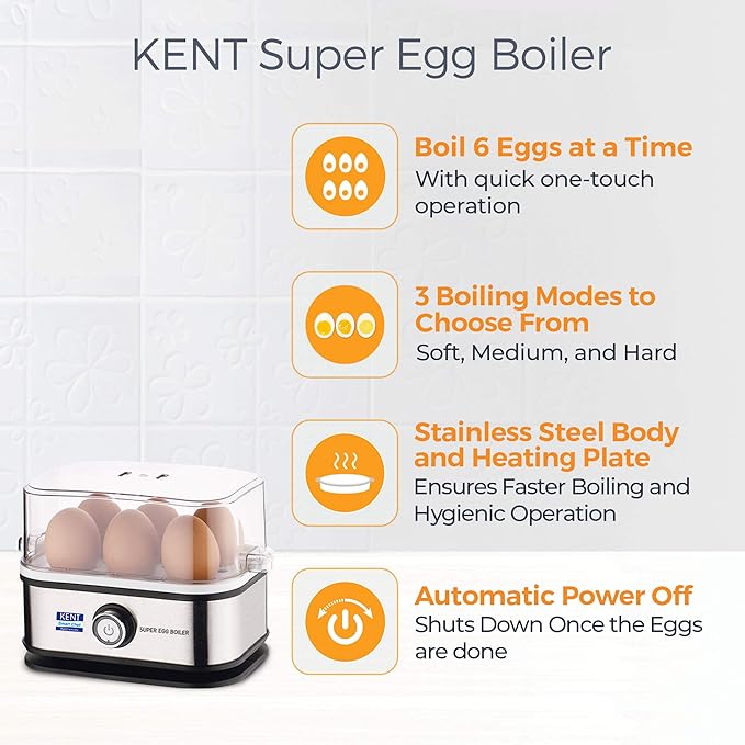 KENT 16069 Super Egg Boiler 400W | Boils upto 6 Eggs At a Time | 3 Boiling Modes | Stainless Steel Body and Heating Plate | Automatic Turn-Off