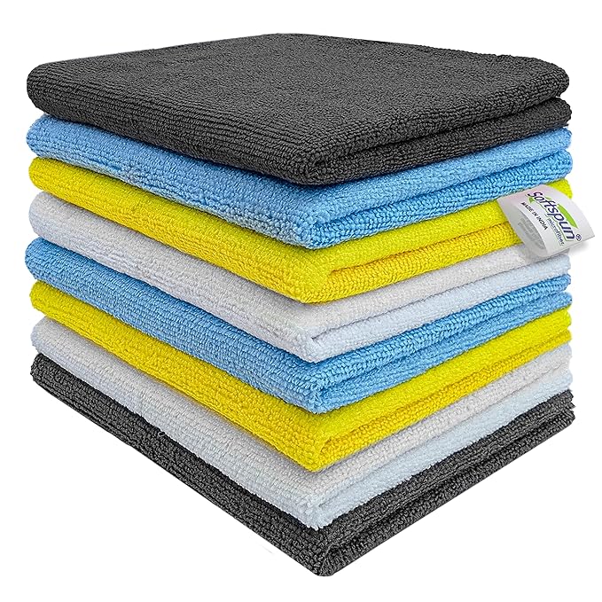 SOFTSPUN Microfiber Basic Cleaning Cloths, 8 pcs 40x40cms 280GSM Multicolor! Highly Absorbent Lint and Streak Free Multipurpose Wash Cloth for Kitchen Car Window Stainless Steel Silverware.